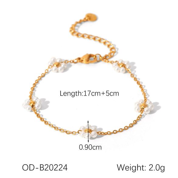 Wholesale Women's Stainless Steel Imitation Pearl Necklace Bracelet With Flower Pattern Vacuum Electroplating Ins Style