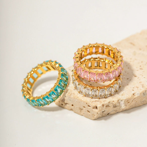 Wholesale Women's Stainless Steel Inlaid Zircon Ring With Geometric Pattern 18K Gold Electroplated Niche Ins Style