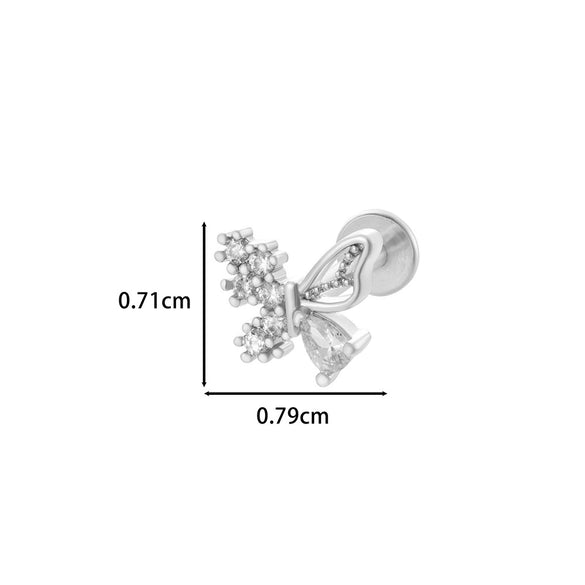 Wholesale Women's Stainless Steel Inner Tooth Thread Flat Base Rod Lip Nail Copper Zircon Butterfly Bow Tie Ear Bone Nail Electroplated Puncture Ornaments
