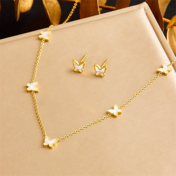 Wholesale Women's Stainless Steel Jewelry Set With Butterfly Dragonfly Insect Patterns Electroplated Bracelet Earrings Necklace