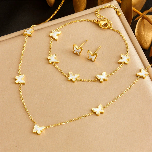 Wholesale Women's Stainless Steel Jewelry Set With Butterfly Dragonfly Insect Patterns Electroplated Bracelet Earrings Necklace