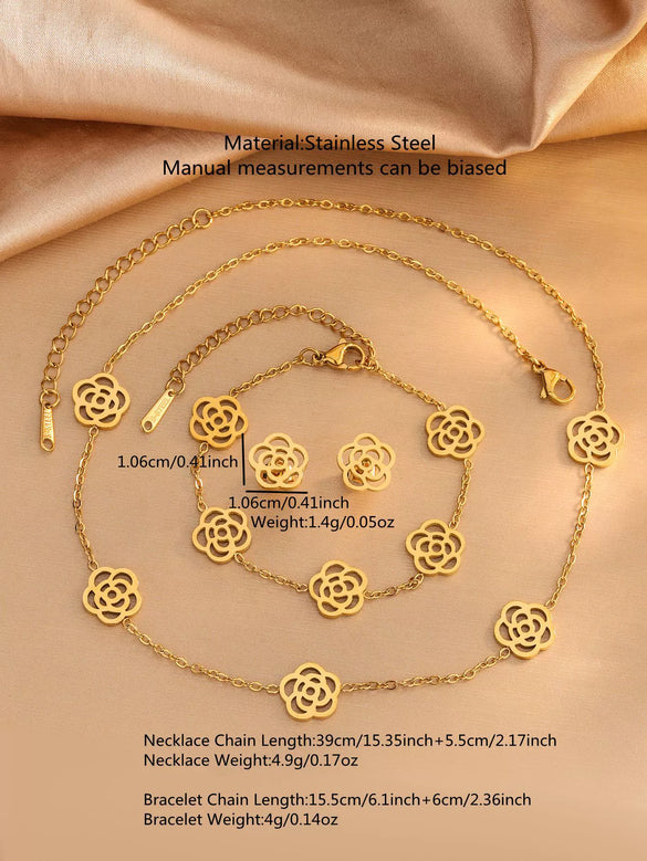 Wholesale Women's Stainless Steel Jewelry Set With Camellia And Plants And Flowers Pattern Electroplated Design