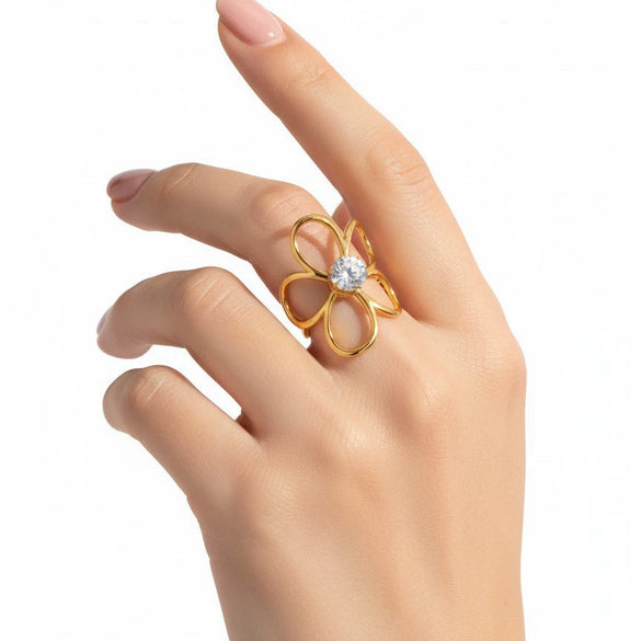 Wholesale Women's Stainless Steel Jewelry Set With Zircon Flower Vacuum Real Gold Plated Ring And Earring