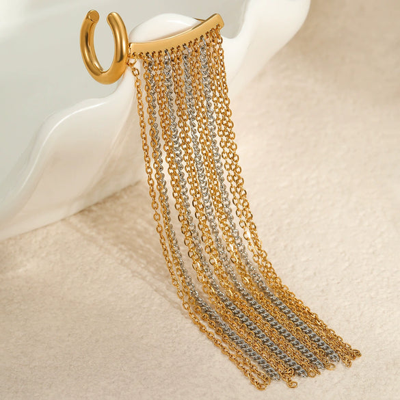 Wholesale Women's Stainless Steel 18K Electroplated Geometric Fashion Ol Style Ear Clip Chain Tassel Earrings