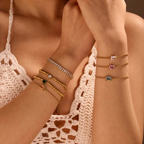 Wholesale Women's Stainless Steel 18K Electroplated Geometric Style Square Zirconium Adjustable Fashion Bracelet