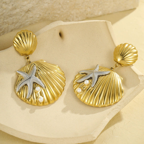 Wholesale Women's Stainless Steel 18K Electroplated Geometric Style Starfish Pearl Shell Earrings