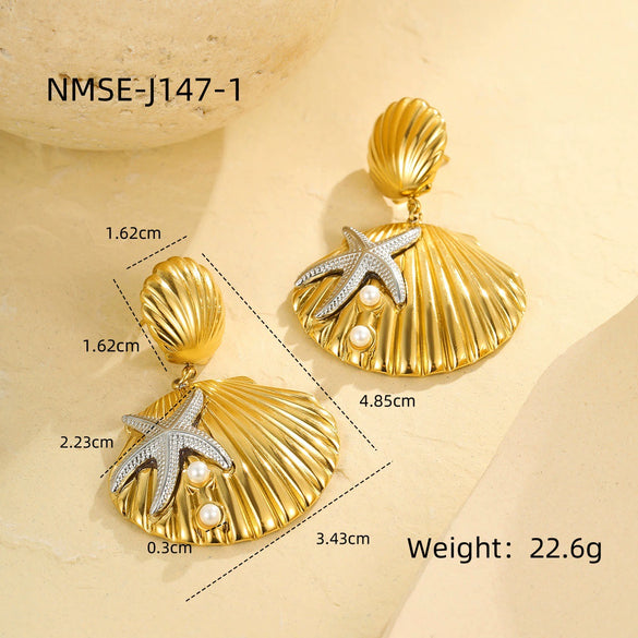 Wholesale Women's Stainless Steel 18K Electroplated Geometric Style Starfish Pearl Shell Earrings
