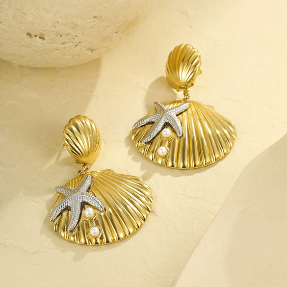 Wholesale Women's Stainless Steel 18K Electroplated Geometric Style Starfish Pearl Shell Earrings
