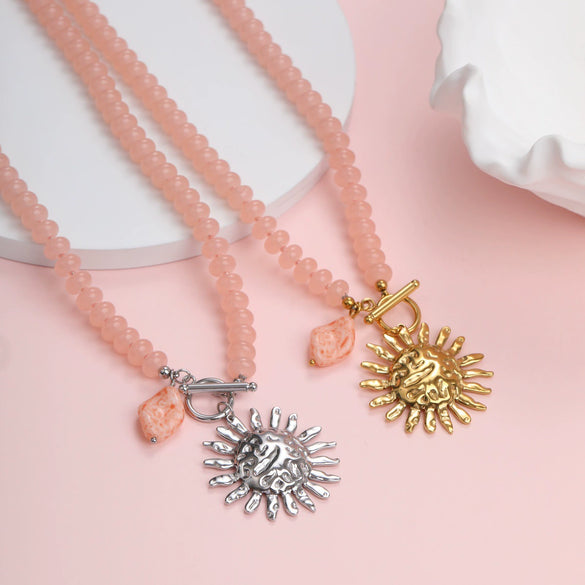 Wholesale Women's Stainless Steel 18K Electroplated Geometric Sun Pendant Necklace In Creamy Sweet Style