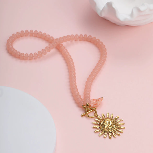 Wholesale Women's Stainless Steel 18K Electroplated Geometric Sun Pendant Necklace In Creamy Sweet Style