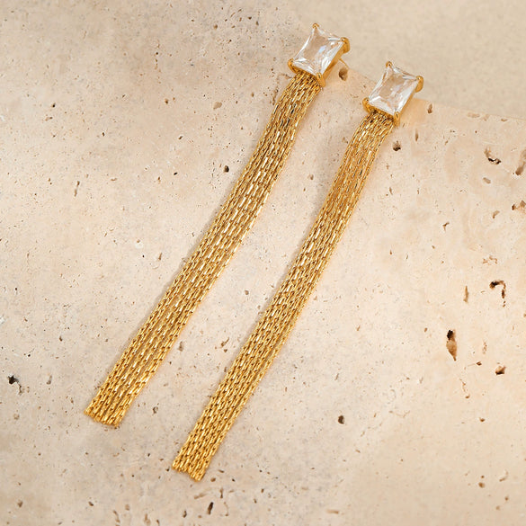 Wholesale Women's Stainless Steel 18K Electroplated Geometric Tassel Diamond Zircon Earrings Fashion Cold Style
