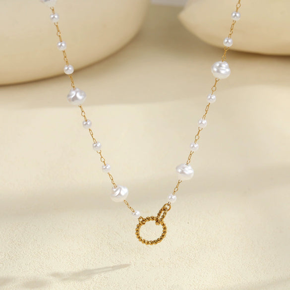 Wholesale Women's Stainless Steel 18K Electroplated Geometric Threelayer Glass Pearl Stacking Necklace