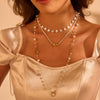Wholesale Women's Stainless Steel 18K Electroplated Geometric Threelayer Glass Pearl Stacking Necklace
