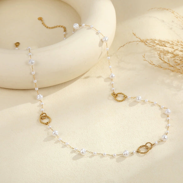 Wholesale Women's Stainless Steel 18K Electroplated Geometric Threelayer Glass Pearl Stacking Necklace
