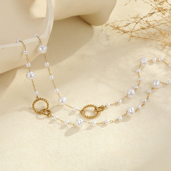 Wholesale Women's Stainless Steel 18K Electroplated Geometric Threelayer Glass Pearl Stacking Necklace