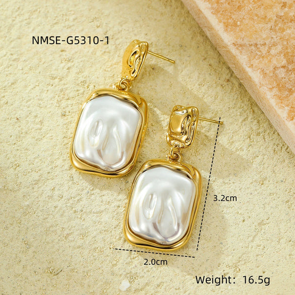Wholesale Women's Stainless Steel 18K French Retro Baroque Pearl Geometric Pendant Earrings With Electroplating