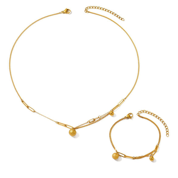 Wholesale Women's Stainless Steel 14K Gold Electroplated Frosted Ball Circle Pendant Necklace And Bracelet Set In Ins Geometric Style