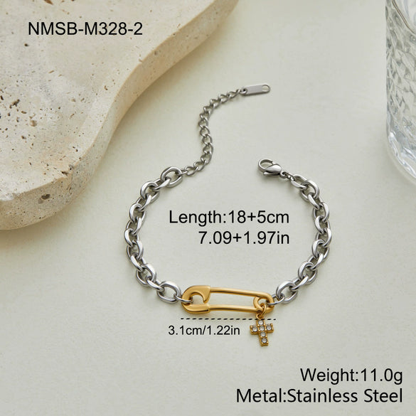 Wholesale Women's Stainless Steel 18K Gold Electroplated Geometric Cross Bracelet With Pin Embellishments