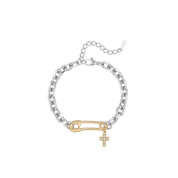 Wholesale Women's Stainless Steel 18K Gold Electroplated Geometric Cross Bracelet With Pin Embellishments