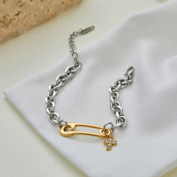 Wholesale Women's Stainless Steel 18K Gold Electroplated Geometric Cross Bracelet With Pin Embellishments