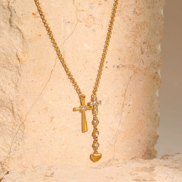 Wholesale Women's Stainless Steel 18K Gold Electroplated Geometric Double Cross Heart Necklace