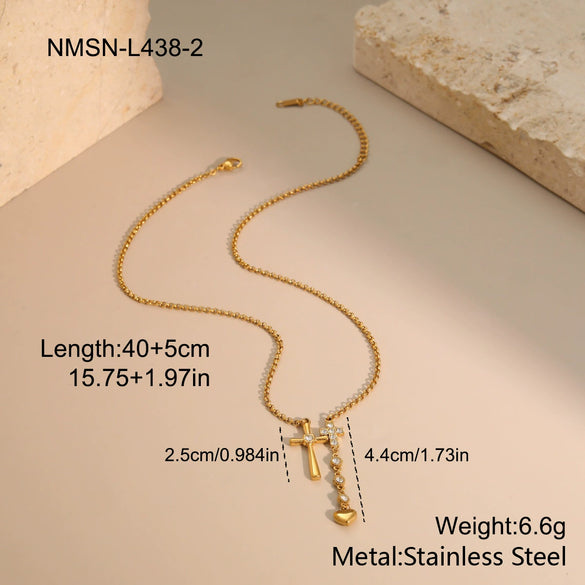 Wholesale Women's Stainless Steel 18K Gold Electroplated Geometric Double Cross Heart Necklace