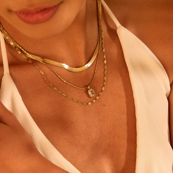 Wholesale Women's Stainless Steel 18K Gold Electroplated Geometric Threelayer Stacked Necklace Jewelry