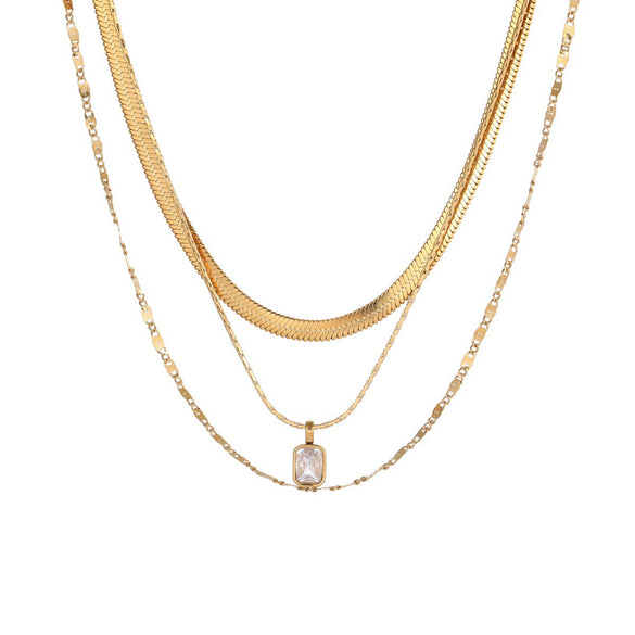 Wholesale Women's Stainless Steel 18K Gold Electroplated Geometric Threelayer Stacked Necklace Jewelry