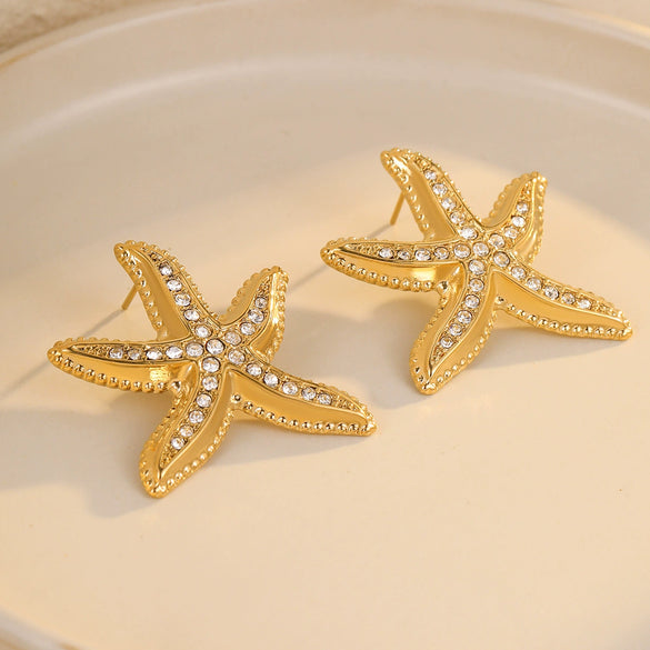 Wholesale Women's Stainless Steel 18K Gold Electroplated Starfish Micropaved Zircon Earrings Fashion Style