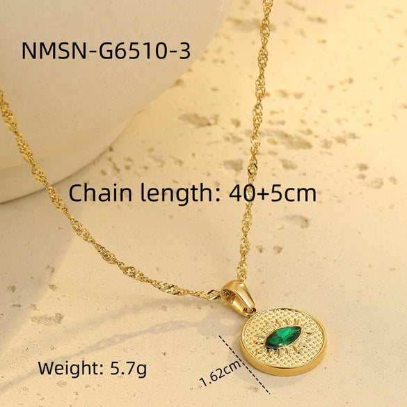 Wholesale Women's Stainless Steel 18K Gold Geometric Green Zircon Electroplated Necklace