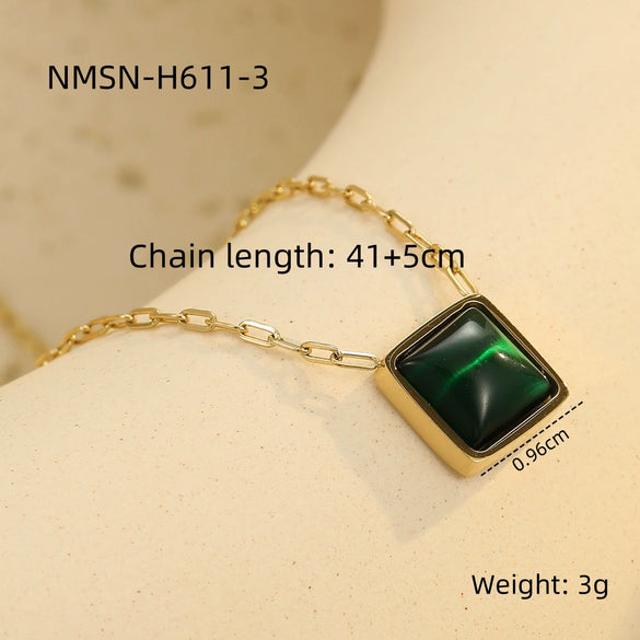 Wholesale Women's Stainless Steel 18K Gold Geometric Green Zircon Electroplated Necklace