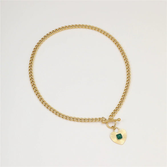 Wholesale Women's Stainless Steel 18K Gold Geometric Green Zircon Electroplated Necklace