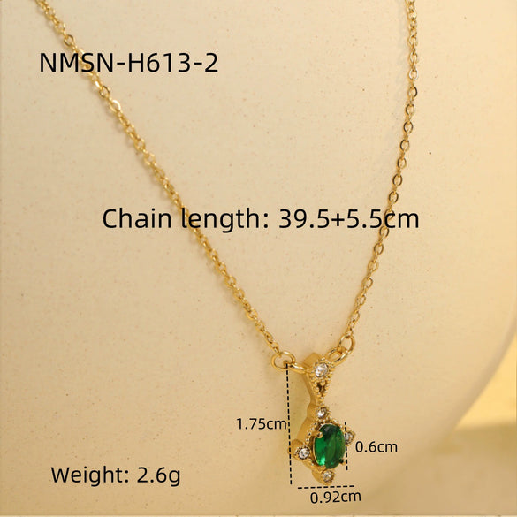 Wholesale Women's Stainless Steel 18K Gold Geometric Green Zircon Electroplated Necklace