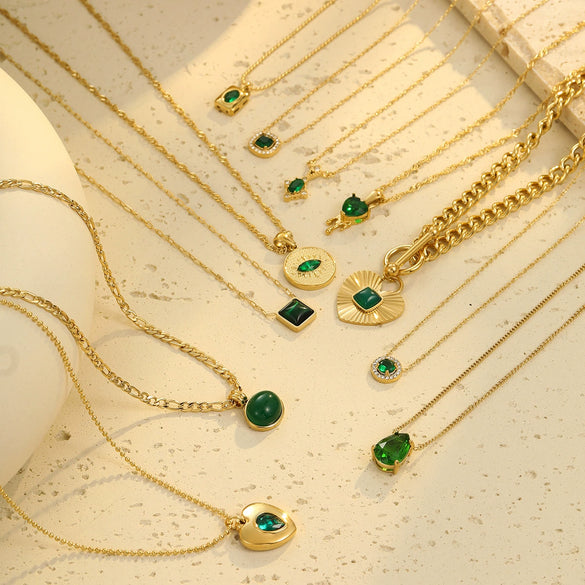 Wholesale Women's Stainless Steel 18K Gold Geometric Green Zircon Electroplated Necklace