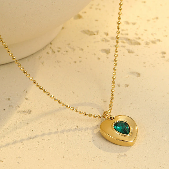 Wholesale Women's Stainless Steel 18K Gold Geometric Green Zircon Electroplated Necklace