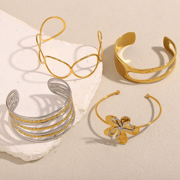 Wholesale Women's Stainless Steel 18K Gold Plated Asymmetric Line Circle Flower Double Layer Bracelet With Electroplating