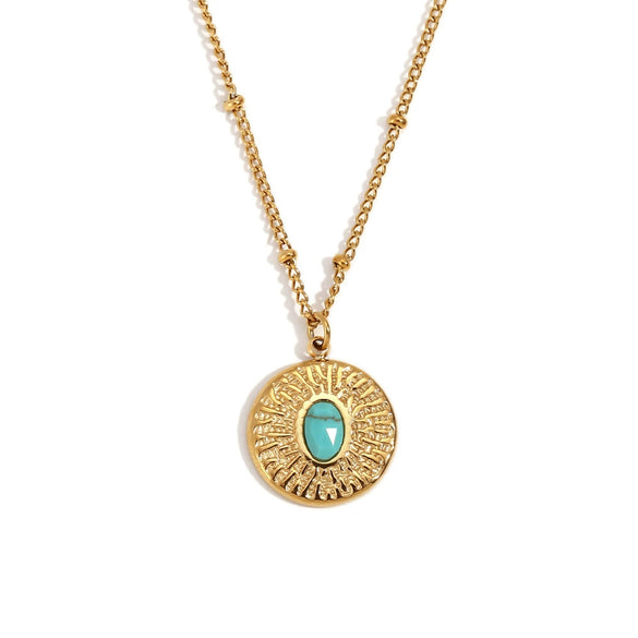 Wholesale Women's Stainless Steel 18K Gold Plated Bead Chain With Hammer Pattern And Turquoise Round Geometric Style Necklace