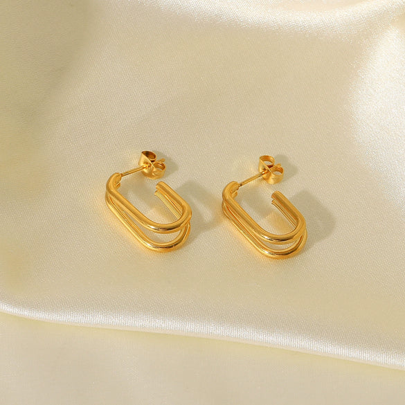 Wholesale Women's Stainless Steel 18K Gold Plated Double Layer Geometric Hoop Earrings With Electroplating