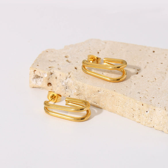 Wholesale Women's Stainless Steel 18K Gold Plated Double Layer Geometric Hoop Earrings With Electroplating