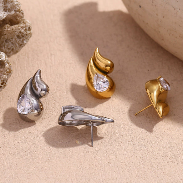 Wholesale Women's Stainless Steel 18K Gold Plated Drop Shape Zircon Earrings