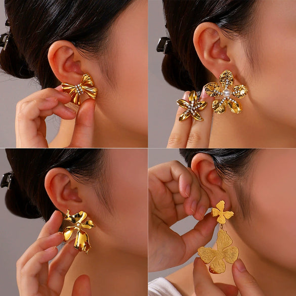 Wholesale Women's Stainless Steel 18K Gold Plated Earrings With Butterfly Flower Diamond Set And Geometric Pattern