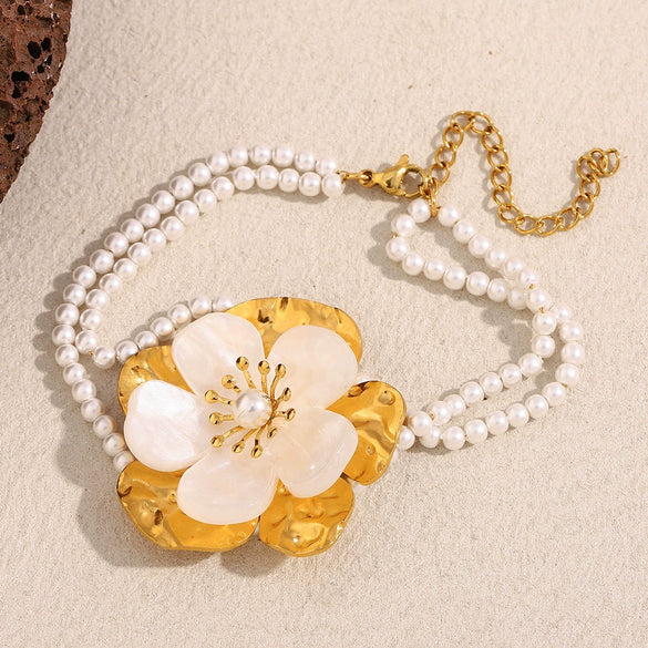 Wholesale Women's Stainless Steel 18K Gold Plated Flower Imitation Pearl Bracelet With Electroplating Ins Style Niche Temperament Hand Jewelry