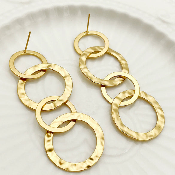 Wholesale Women's Stainless Steel 14K Gold Plated French Retro Round Stitching Tassel Earrings