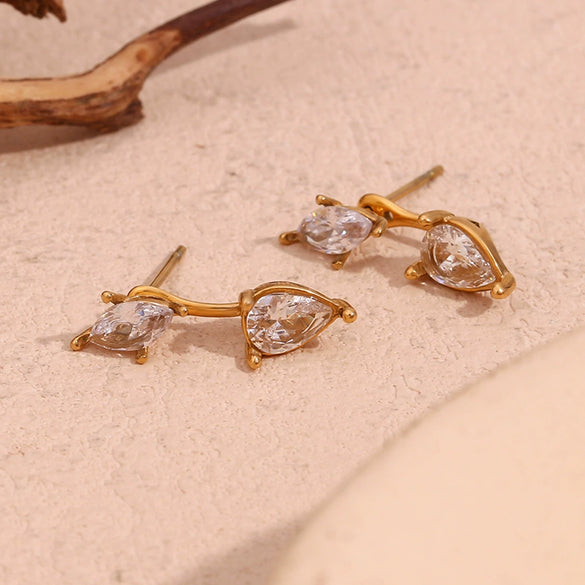 Wholesale Women's Stainless Steel 18K Gold Plated Geometric Drop Shape Zircon Earrings