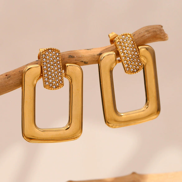 Wholesale Women's Stainless Steel 18K Gold Plated Geometric Hollow Creative Earrings With Square Buckle And Zircon Inlay