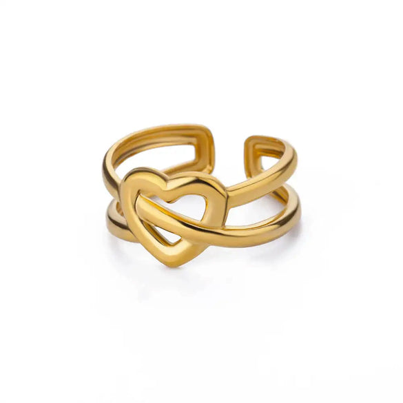 Wholesale Women's Stainless Steel 18K Gold Plated Heartshaped Geometric Open Ring With Electroplating