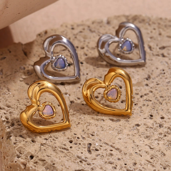 Wholesale Women's Stainless Steel 18K Gold Plated Hollow Natural Stone Double Heart Geometric Earrings