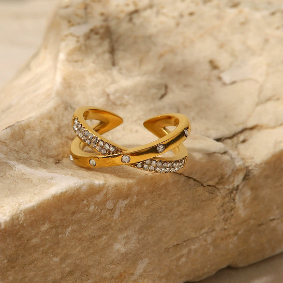 Wholesale Women's Stainless Steel 18K Gold Plated Open Ring With Cross Inlaid White Diamond And Geometric Design