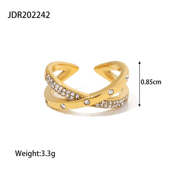 Wholesale Women's Stainless Steel 18K Gold Plated Open Ring With Cross Inlaid White Diamond And Geometric Design