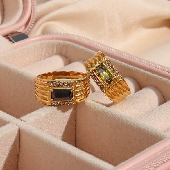 Wholesale Women's Stainless Steel 18K Gold Plated Rectangular Geometric Zircon Ring Jewelry